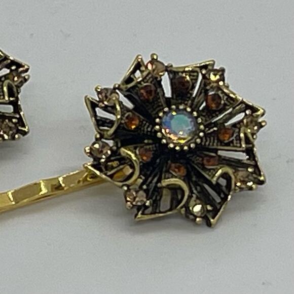 Handmade Amber Brown Rhinestone Set Hair Clips HoCo Wedding Fairy Jewelry NWT - Picture 2 of 6